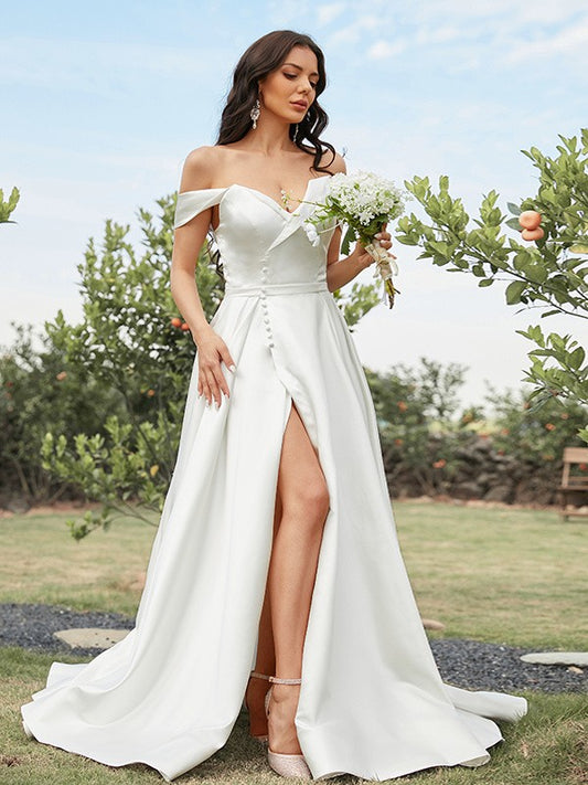 Wholesale A-Line/Princess Satin Ruched Off-the-Shoulder Sleeveless Sweep/Brush Train Wedding Dresses