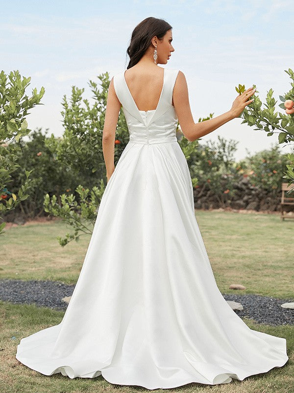 Wholesale A-Line/Princess Satin Ruched Off-the-Shoulder Sleeveless Sweep/Brush Train Wedding Dresses