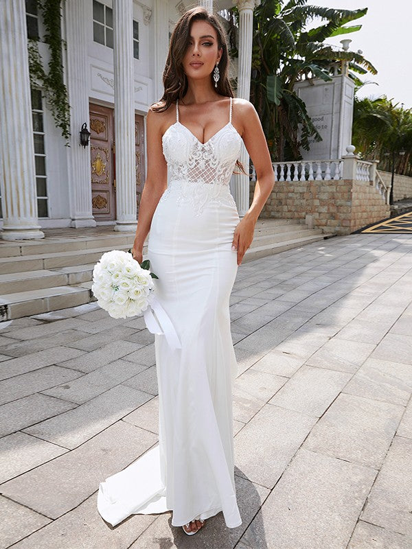 Wholesale Sheath/Column Stretch Crepe Lace V-neck Sleeveless Sweep/Brush Train Wedding Dresses