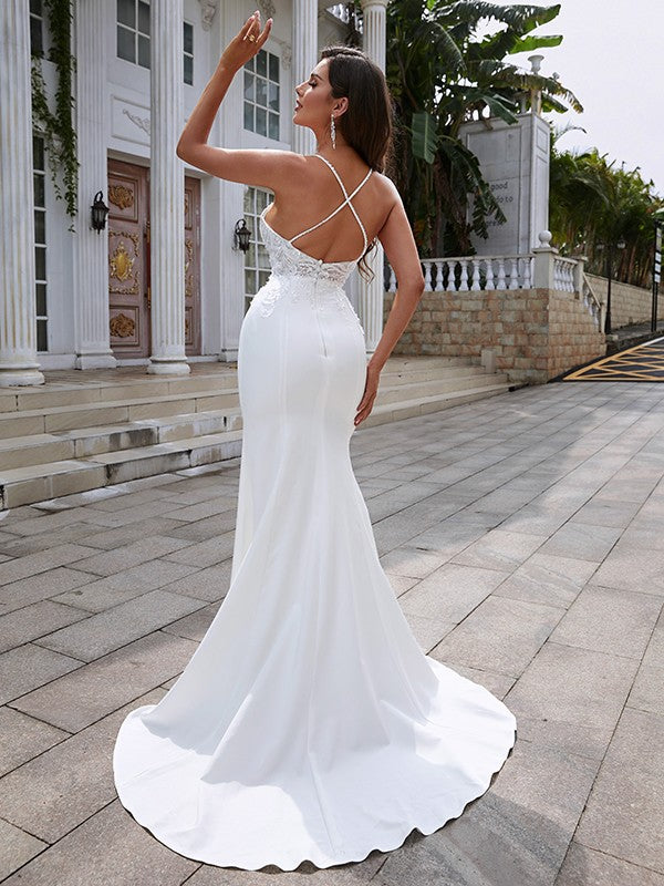 Wholesale Sheath/Column Stretch Crepe Lace V-neck Sleeveless Sweep/Brush Train Wedding Dresses