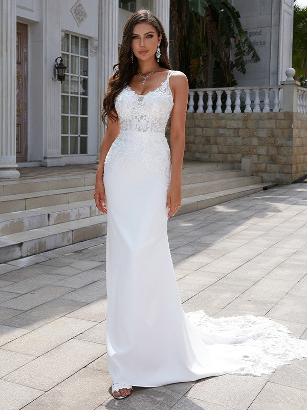 Wholesale Sheath/Column Stretch Crepe Lace V-neck Sleeveless Sweep/Brush Train Wedding Dresses