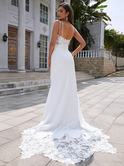 Wholesale Sheath/Column Stretch Crepe Lace V-neck Sleeveless Sweep/Brush Train Wedding Dresses