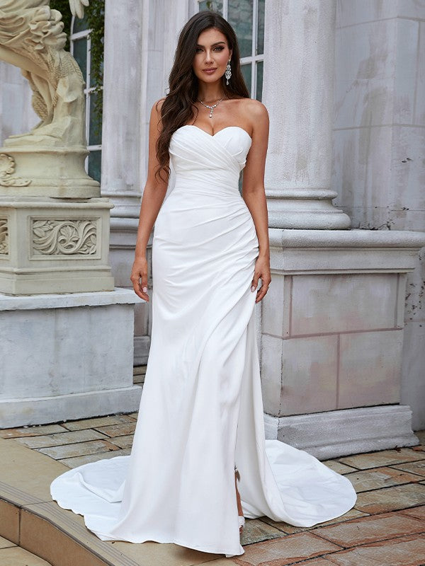 Wholesale Sheath/Column Stretch Crepe Ruched Sweetheart Sleeveless Sweep/Brush Train Wedding Dresses