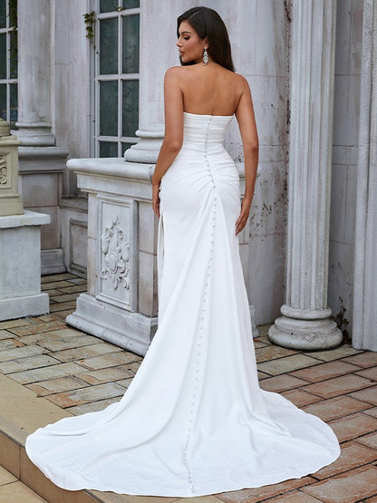 Wholesale Sheath/Column Stretch Crepe Ruched Sweetheart Sleeveless Sweep/Brush Train Wedding Dresses