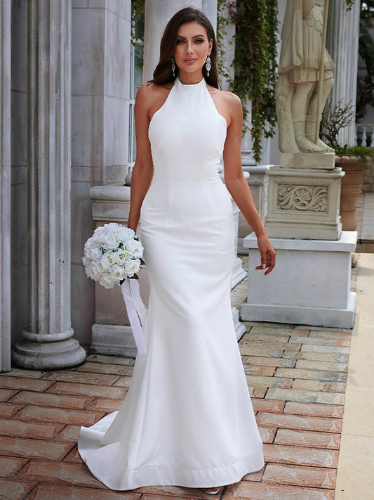 Wholesale Sheath/Column Stretch Crepe Ruched Halter Sleeveless Sweep/Brush Train Wedding Dresses