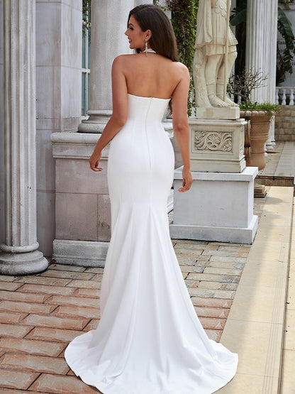 Wholesale Sheath/Column Stretch Crepe Ruched Halter Sleeveless Sweep/Brush Train Wedding Dresses