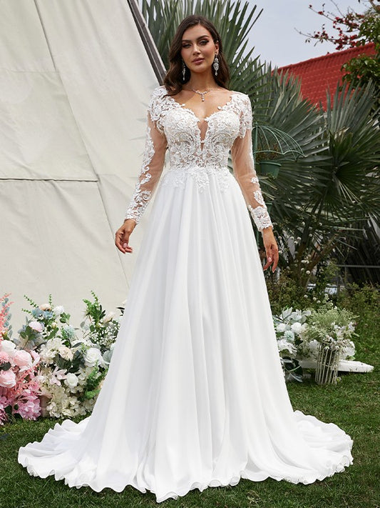 Wholesale A-Line/Princess Chiffon Applique V-neck Long Sleeves Sweep/Brush Train Wedding Dresses