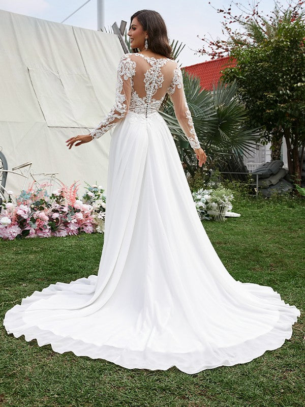 Wholesale A-Line/Princess Chiffon Applique V-neck Long Sleeves Sweep/Brush Train Wedding Dresses