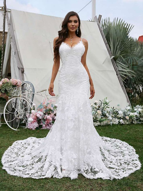 Wholesale Sheath/Column Lace V-neck Sleeveless Sweep/Brush Train Wedding Dresses