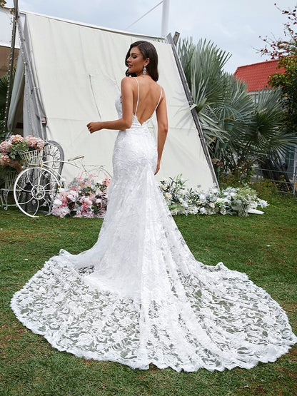 Wholesale Sheath/Column Lace V-neck Sleeveless Sweep/Brush Train Wedding Dresses