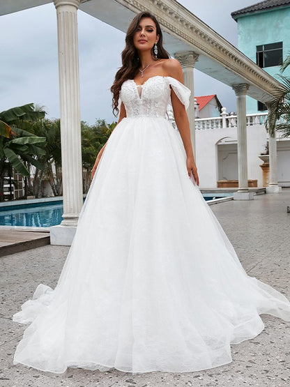 Wholesale A-Line/Princess Lace Applique Off-the-Shoulder Sleeveless Sweep/Brush Train Wedding Dresses