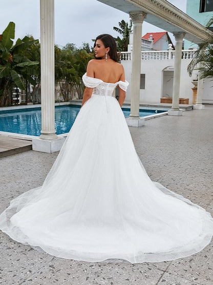 Wholesale A-Line/Princess Lace Applique Off-the-Shoulder Sleeveless Sweep/Brush Train Wedding Dresses