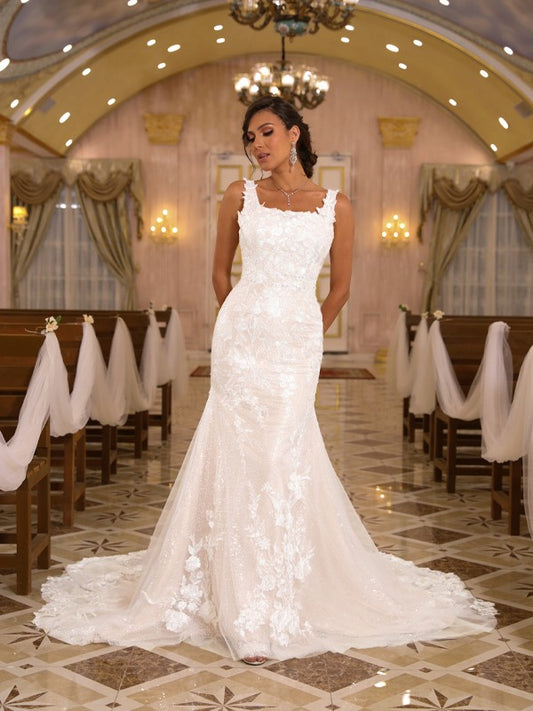 Wholesale Sheath/Column Lace Applique Straps Sleeveless Sweep/Brush Train Wedding Dresses