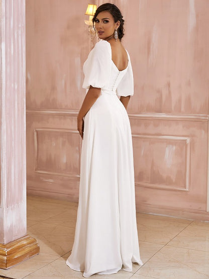 Wholesale A-Line/Princess Chiffon Ruched Off-the-Shoulder 1/2 Sleeves Floor-Length Wedding Dresses