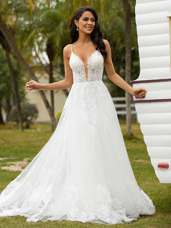 Wholesale A-Line/Princess Tulle Applique V-neck Sleeveless Court Train Wedding Dresses