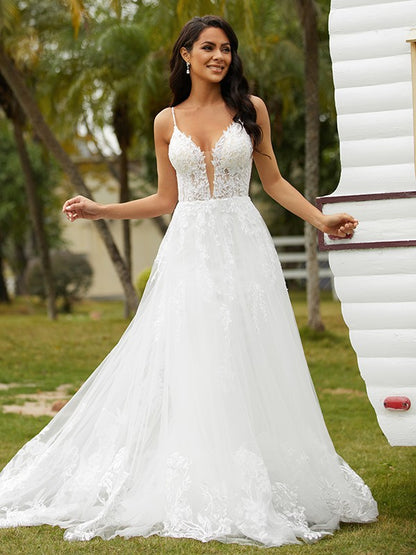 Wholesale A-Line/Princess Tulle Applique V-neck Sleeveless Court Train Wedding Dresses