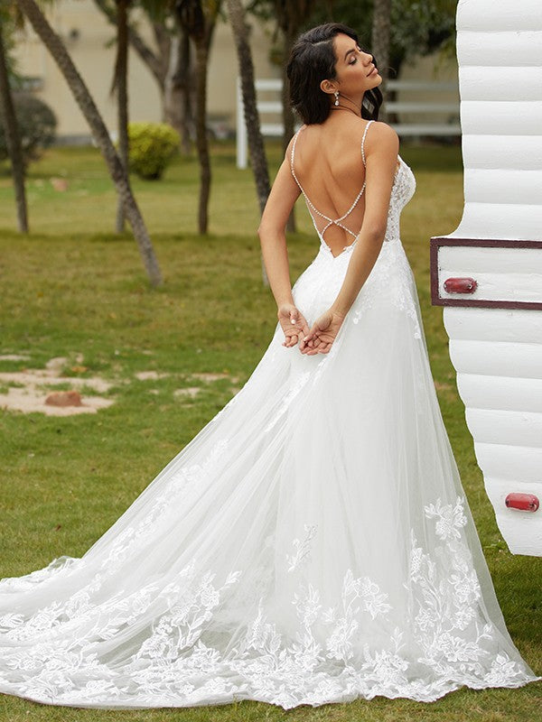 Wholesale A-Line/Princess Tulle Applique V-neck Sleeveless Court Train Wedding Dresses