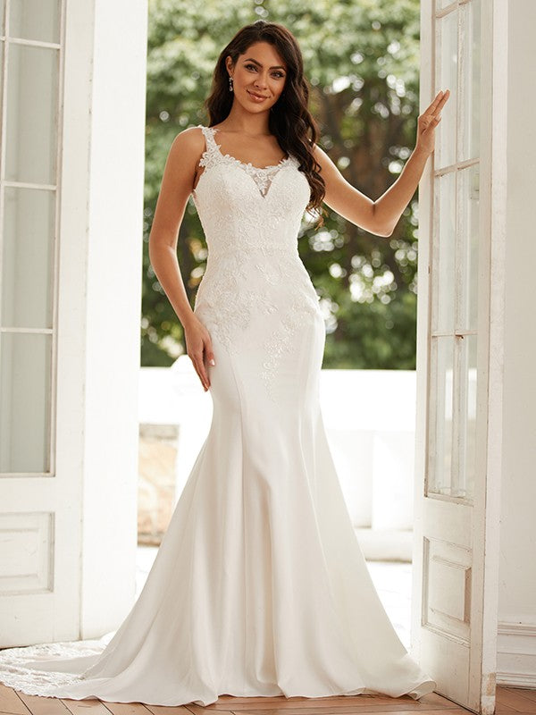 Wholesale Sheath/Column Stretch Crepe Lace Straps Sleeveless Court Train Wedding Dresses