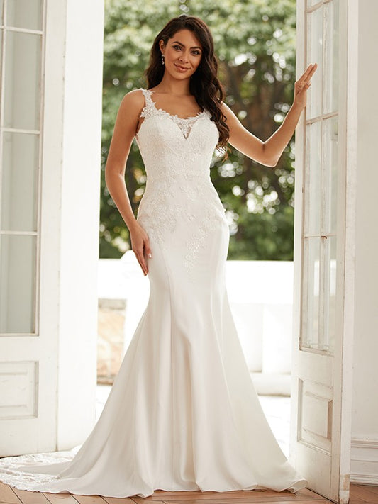 Wholesale Sheath/Column Stretch Crepe Lace Straps Sleeveless Court Train Wedding Dresses