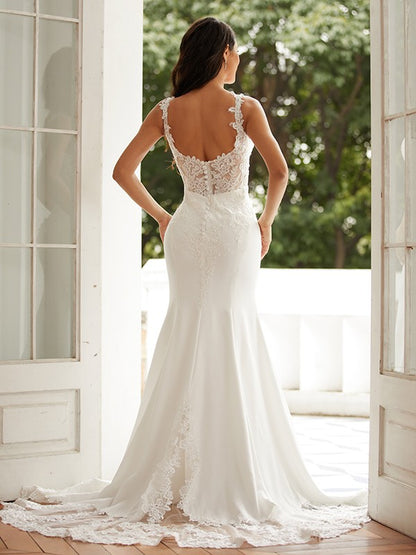 Wholesale Sheath/Column Stretch Crepe Lace Straps Sleeveless Court Train Wedding Dresses