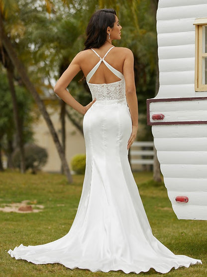 Wholesale Sheath/Column Elastic Woven Satin Ruched Spaghetti Straps Sleeveless Court Train Wedding Dresses