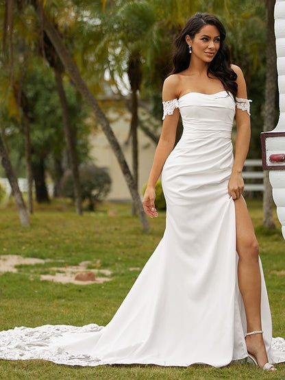 Wholesale Sheath/Column Stretch Crepe Lace Off-the-Shoulder Sleeveless Cathedral Train Wedding Dresses