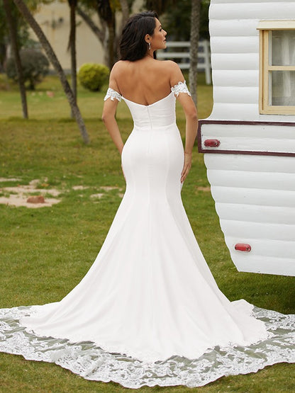 Wholesale Sheath/Column Stretch Crepe Lace Off-the-Shoulder Sleeveless Cathedral Train Wedding Dresses