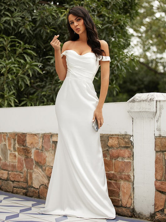 Wholesale Sheath/Column Elastic Woven Satin Ruched Off-the-Shoulder Sleeveless Sweep/Brush Train Wedding Dresses