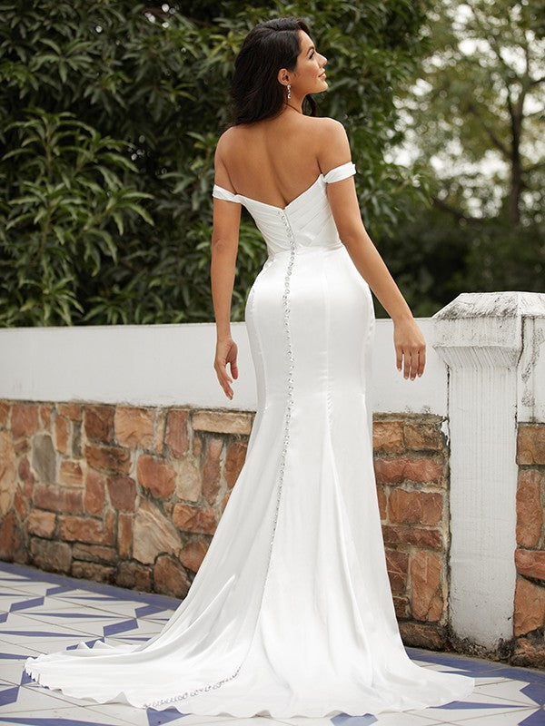 Wholesale Sheath/Column Elastic Woven Satin Ruched Off-the-Shoulder Sleeveless Sweep/Brush Train Wedding Dresses