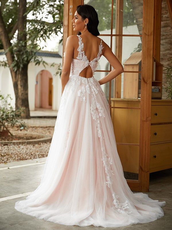 Wholesale A-Line/Princess Tulle Applique Scoop Sleeveless Sweep/Brush Train Wedding Dresses