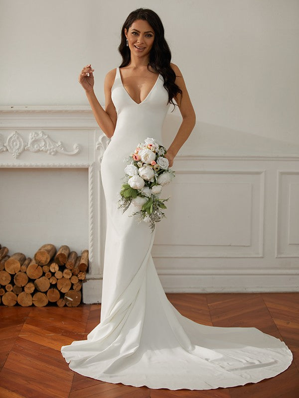 Wholesale Save Sheath/Column Stretch Crepe V-neck Sleeveless Court Train Wedding Dresses