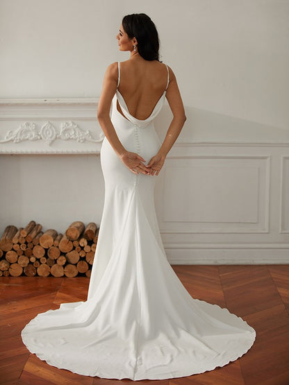 Wholesale Save Sheath/Column Stretch Crepe V-neck Sleeveless Court Train Wedding Dresses