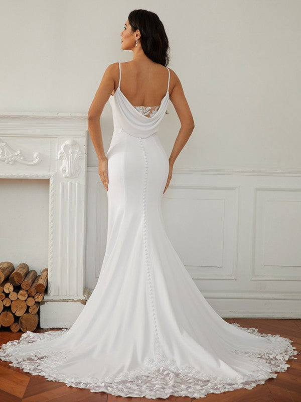 Wholesale Sheath/Column Stretch Crepe Lace V-neck Sleeveless Court Train Wedding Dresses