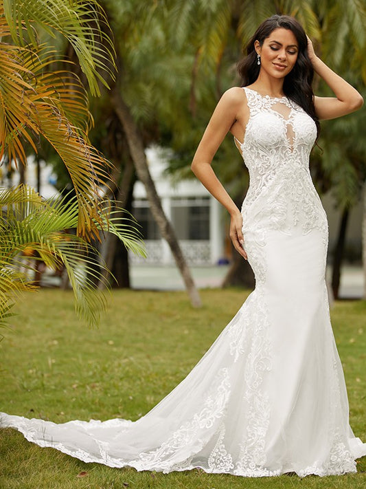 Wholesale Sheath/Column Stretch Crepe Lace Scoop Sleeveless Cathedral Train Wedding Dresses