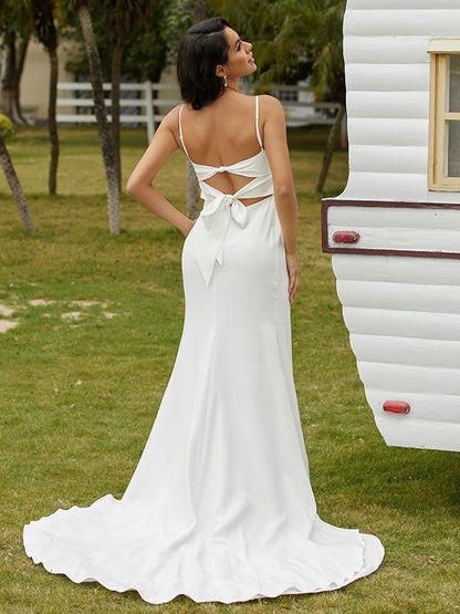 Wholesale Sheath/Column Stretch Crepe Ruched Spaghetti Straps Sleeveless Sweep/Brush Train Wedding Dresses