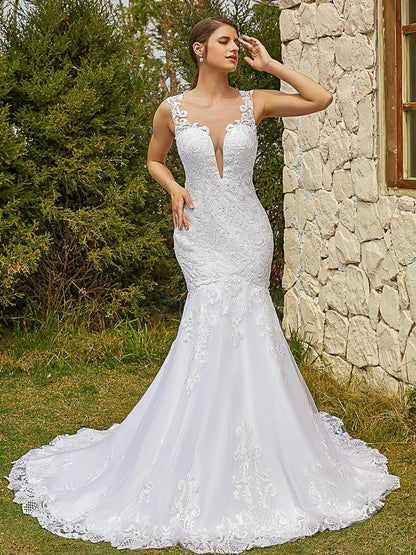 Wholesale Trumpet/Mermaid Tulle Lace Scoop Sleeveless Court Train Wedding Dresses