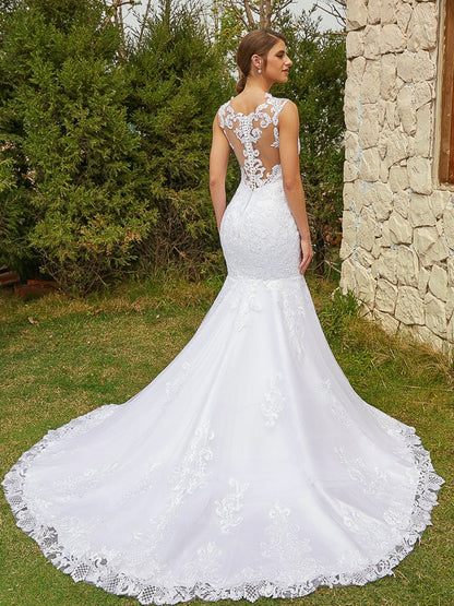 Wholesale Trumpet/Mermaid Tulle Lace Scoop Sleeveless Court Train Wedding Dresses