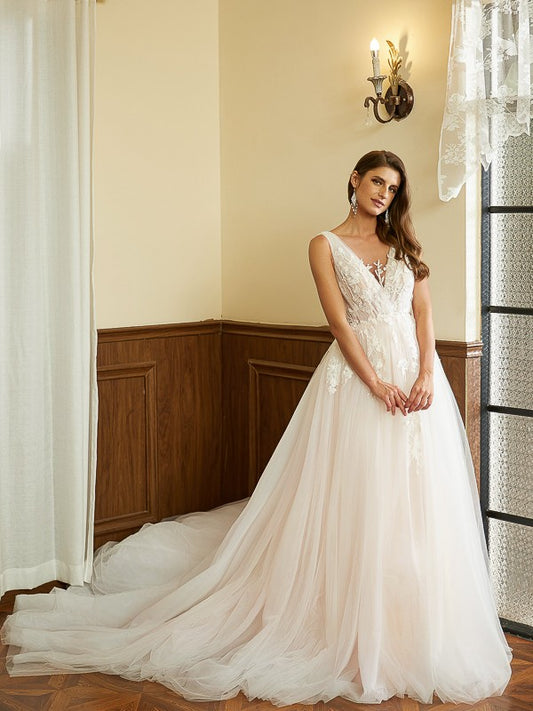 Wholesale A-Line/Princess Tulle Applique V-neck Sleeveless Cathedral Train Wedding Dresses