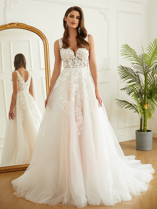 Wholesale A-Line/Princess Tulle Applique V-neck Sleeveless Chapel Train Wedding Dresses