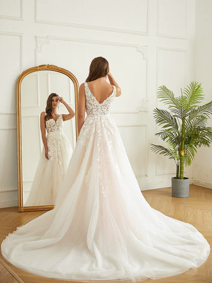 Wholesale A-Line/Princess Tulle Applique V-neck Sleeveless Chapel Train Wedding Dresses