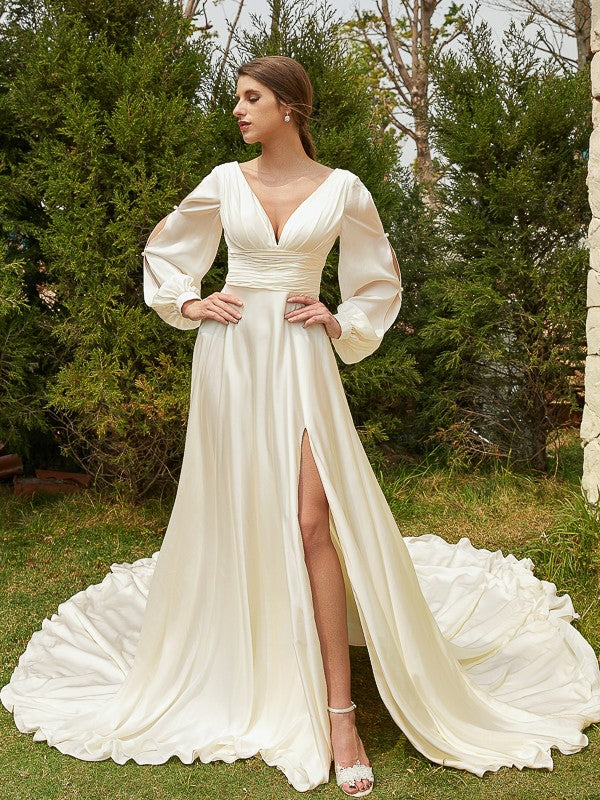 Wholesale A-Line/Princess Satin Chiffon Ruched V-neck Long Sleeves Cathedral Train Wedding Dresses