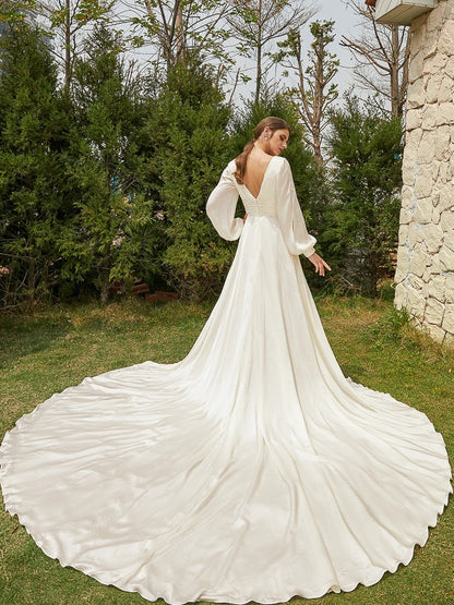 Wholesale A-Line/Princess Satin Chiffon Ruched V-neck Long Sleeves Cathedral Train Wedding Dresses