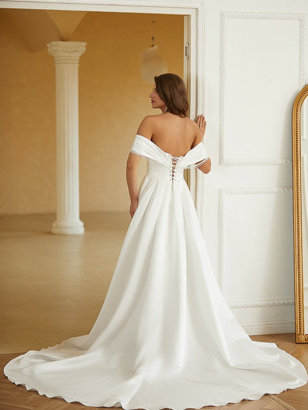 Wholesale A-Line/Princess Satin Ruched Off-the-Shoulder Sleeveless Chapel Train Wedding Dresses