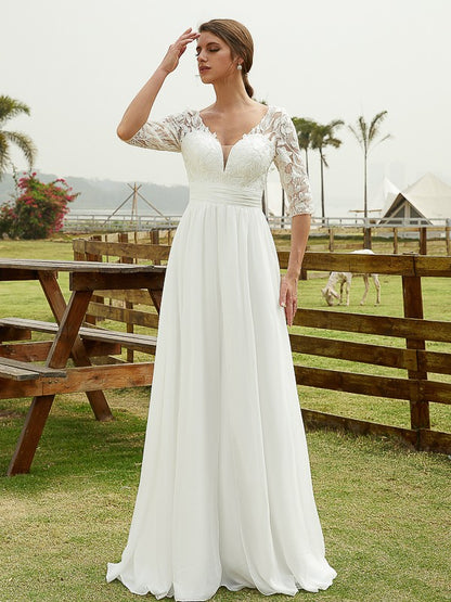 Wholesale A-Line/Princess Chiffon Lace V-neck 1/2 Sleeves Floor-Length Wedding Dresses