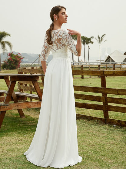 Wholesale A-Line/Princess Chiffon Lace V-neck 1/2 Sleeves Floor-Length Wedding Dresses