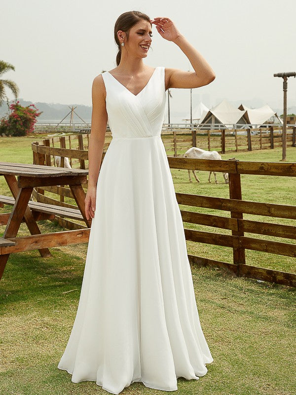 Wholesale A-Line/Princess Chiffon Ruched V-neck Sleeveless Floor-Length Wedding Dresses