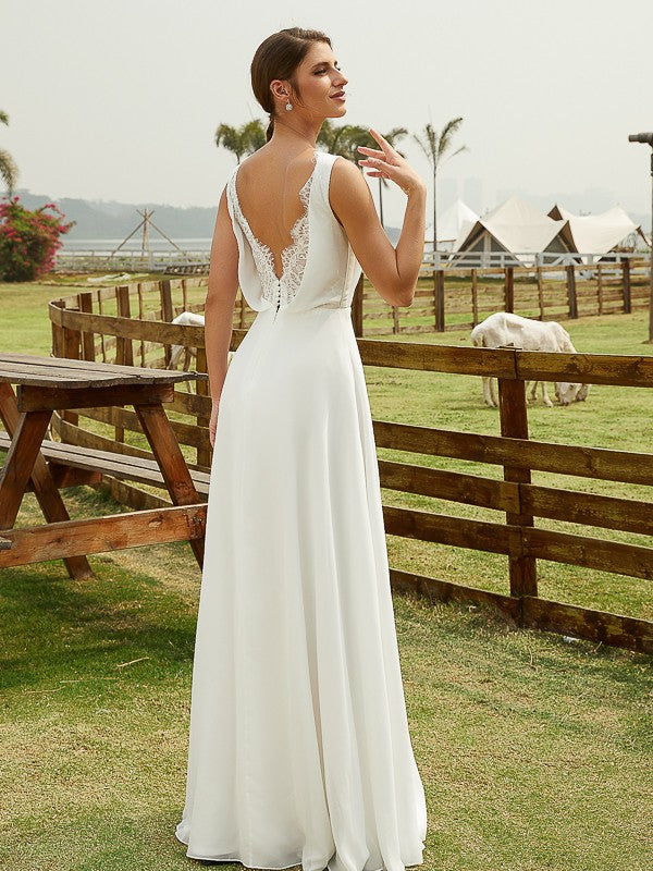 Wholesale A-Line/Princess Chiffon Ruched V-neck Sleeveless Floor-Length Wedding Dresses