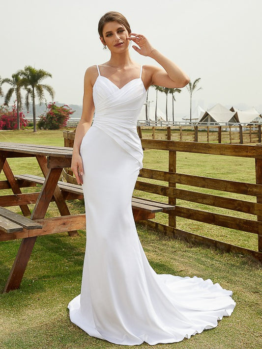 Wholesale Sheath/Column Charmeuse Ruched V-neck Sleeveless Court Train Wedding Dresses(Detachable Train)