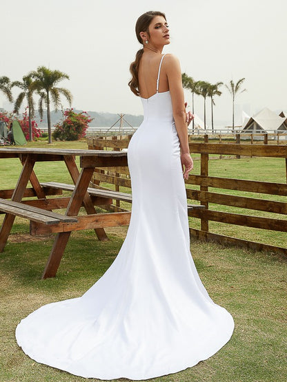 Wholesale Sheath/Column Charmeuse Ruched V-neck Sleeveless Court Train Wedding Dresses(Detachable Train)