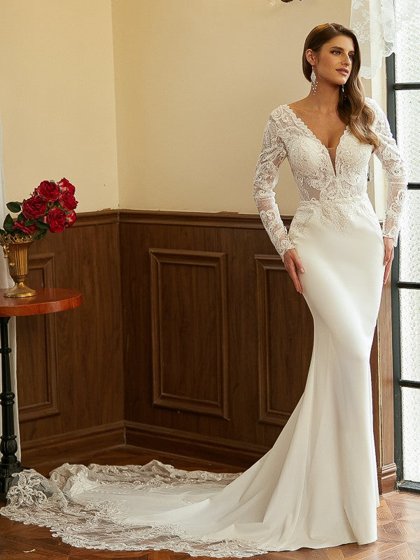 Wholesale Sheath/Column Stretch Crepe Lace V-neck Long Sleeves Cathedral Train Wedding Dresses